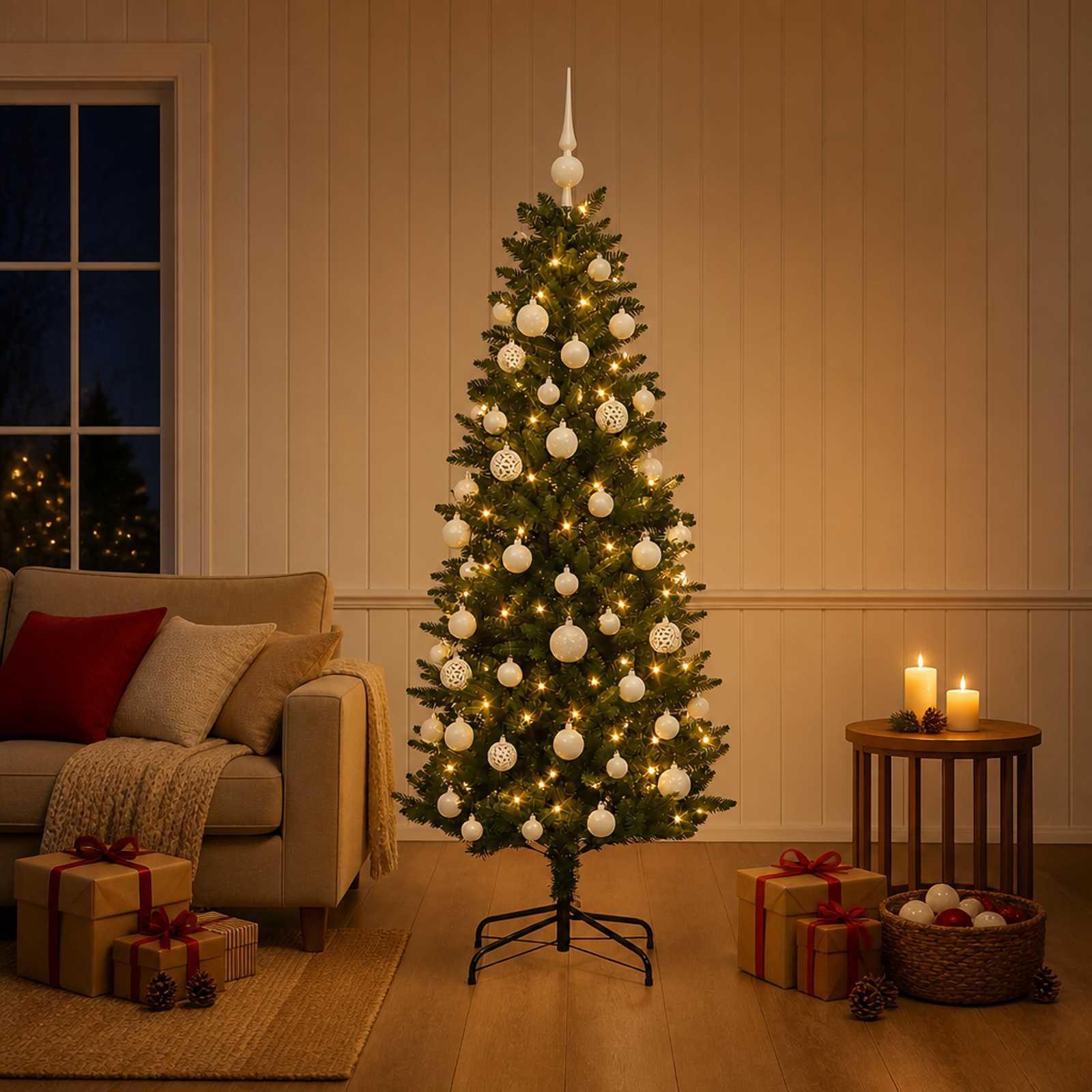 Kunstigt juletræ med julekugler og LED-lys - 150 cm, varm hvid