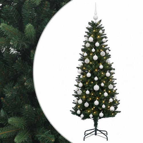 Kunstigt juletræ med julekugler og LED-lys - 150 cm, varm hvid