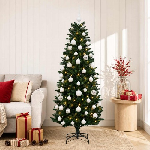 Kunstigt juletræ med julekugler og LED-lys - 150 cm, varm hvid