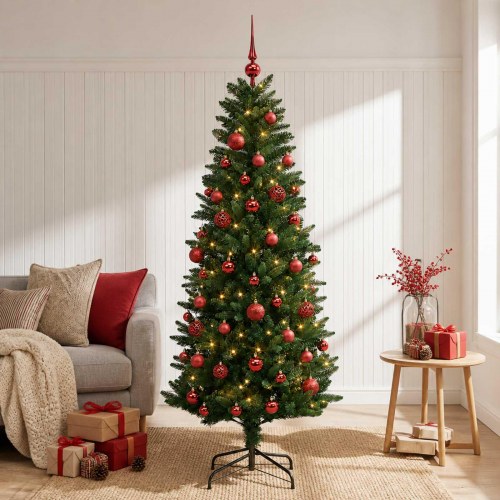 Kunstigt juletræ med kugler og 150 LED'er - 150 cm