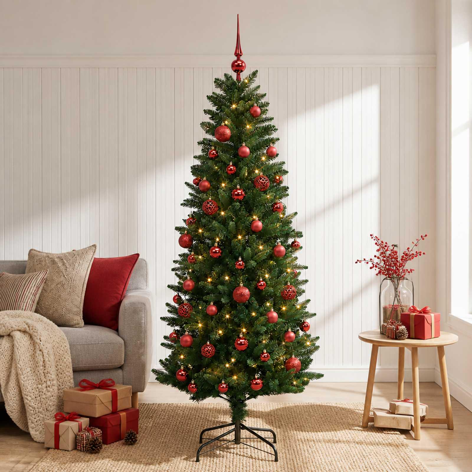 Kunstigt juletræ med kugler og 150 LED'er - 150 cm