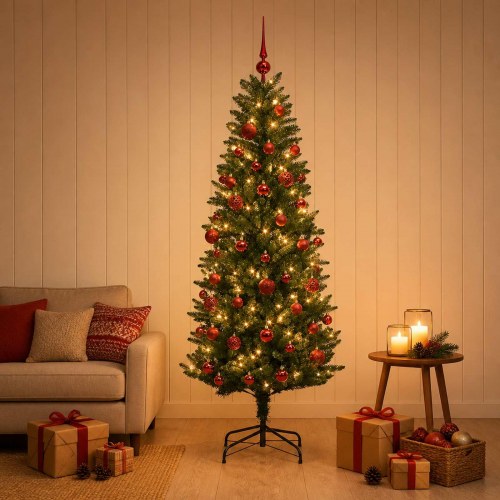 Kunstigt juletræ med kugler og 150 LED'er - 150 cm