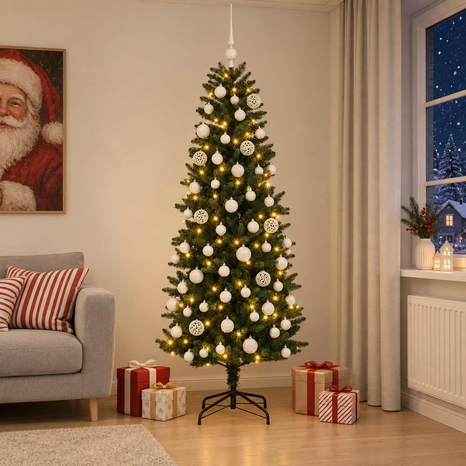 Kunstigt juletræ med kugler og 300 LED - 180 cm