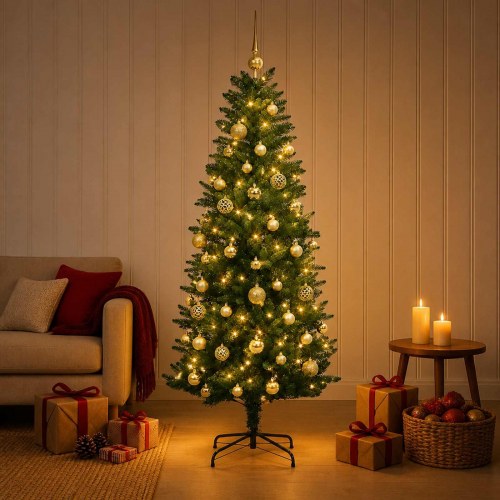 Kunstigt juletræ med kugler og 150 LED'er 120 cm - varm hvid