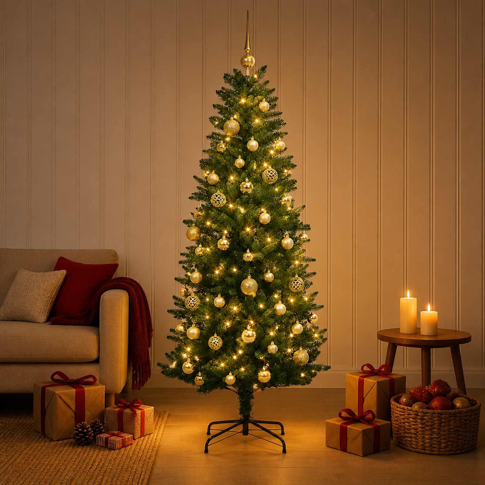 Kunstigt juletræ med kugler og 150 LED'er 120 cm - varm hvid