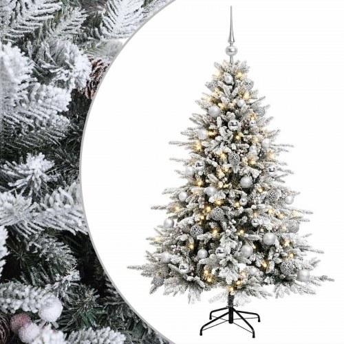 Kunstigt juletræ med julekugler og LED 150 cm - varm hvid