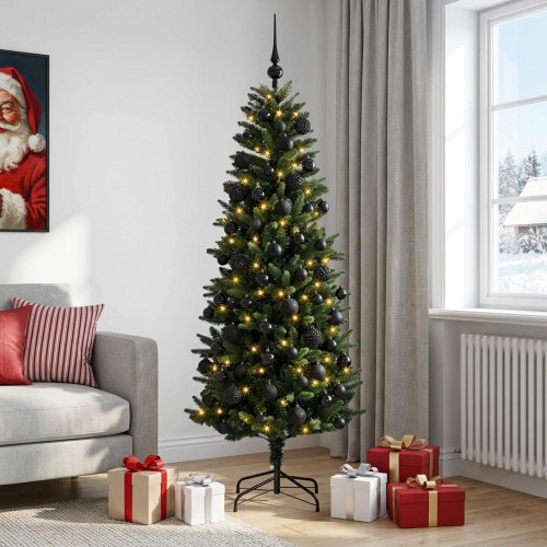 Kunstigt juletræ med kugler og LED-lys 180 cm - varm hvid