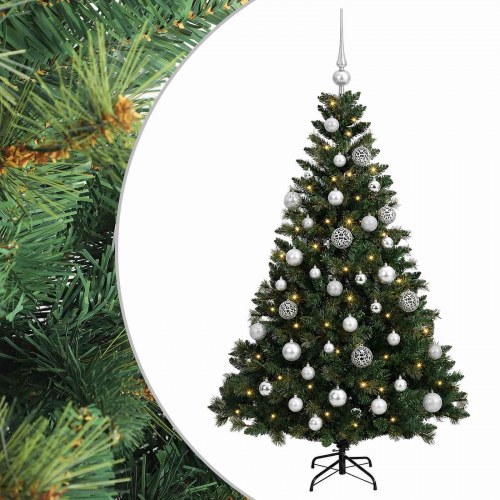 Kunstigt juletræ med kugler og LED-lys 150 cm - varm hvid