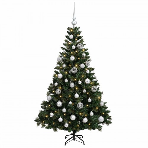 Kunstigt juletræ med kugler og LED-lys 150 cm - varm hvid