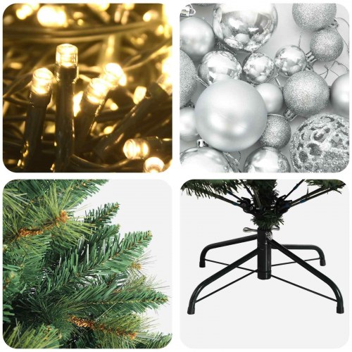 Kunstigt juletræ med kugler og LED-lys 150 cm - varm hvid