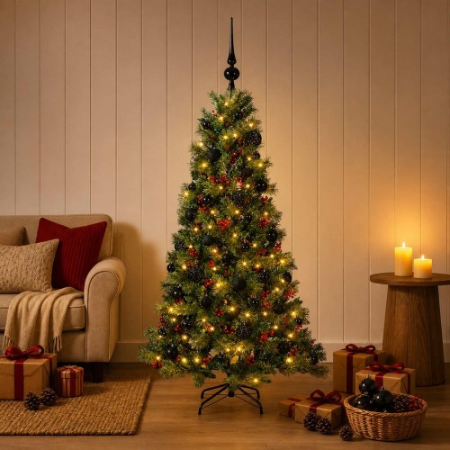 Kunstigt juletræ med julekugler og LED-lys 150 cm - varm hvid