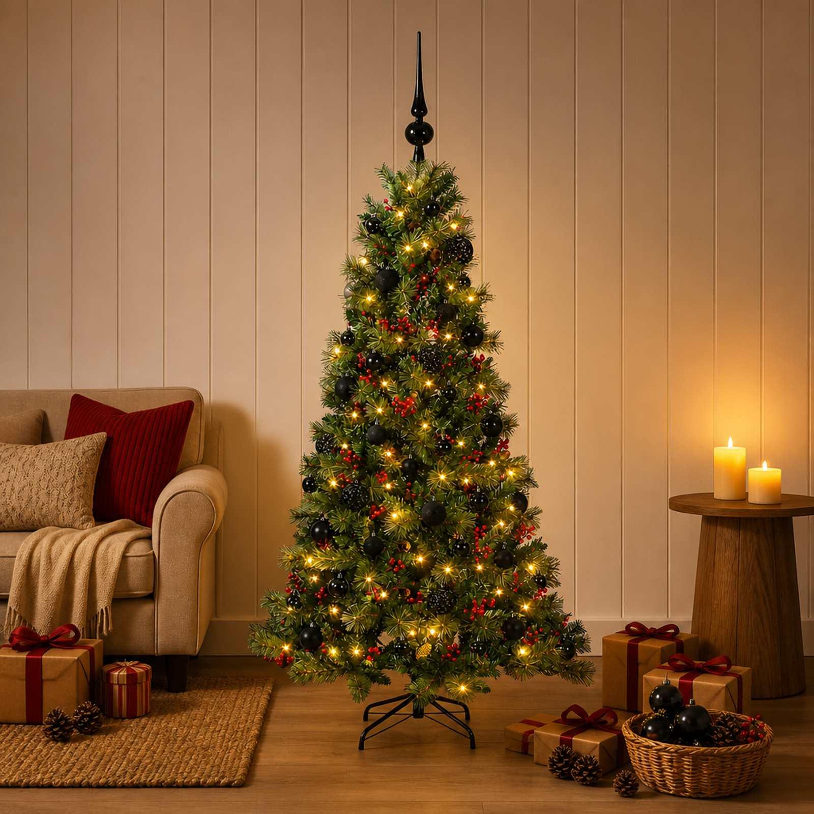 Kunstigt juletræ med julekugler og LED-lys 150 cm - varm hvid
