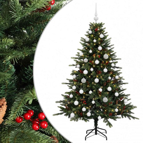 Kunstigt juletræ med julekugler og LED-lys 150 cm - varm hvid