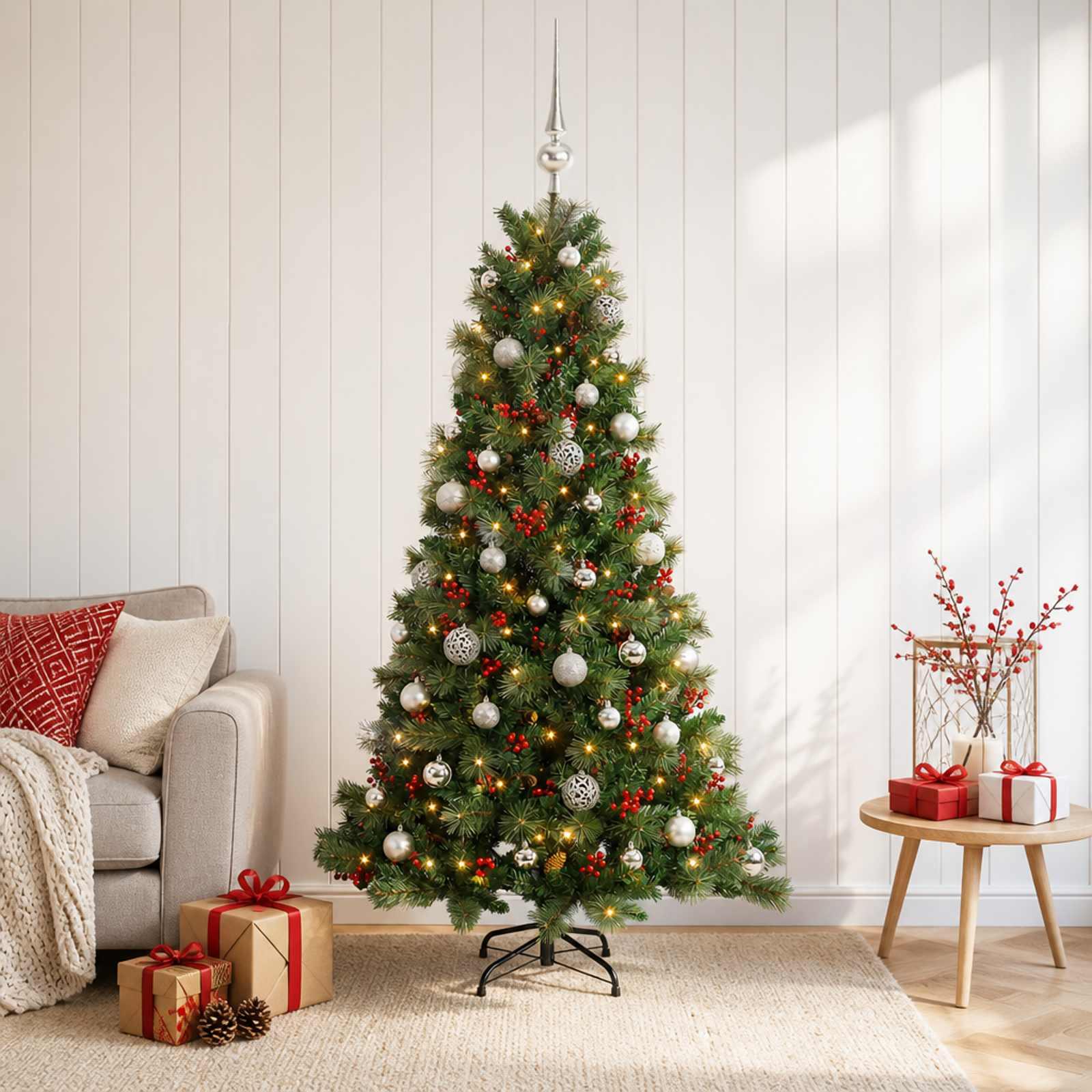 Kunstigt juletræ med julekugler og LED - 150 cm