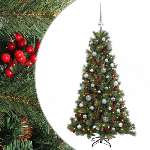 Kunstigt juletræ med julekugler og LED - 150 cm