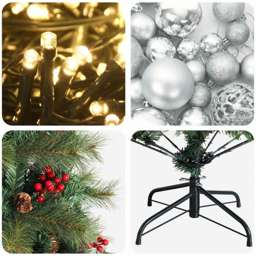 Kunstigt juletræ med julekugler og LED - 150 cm