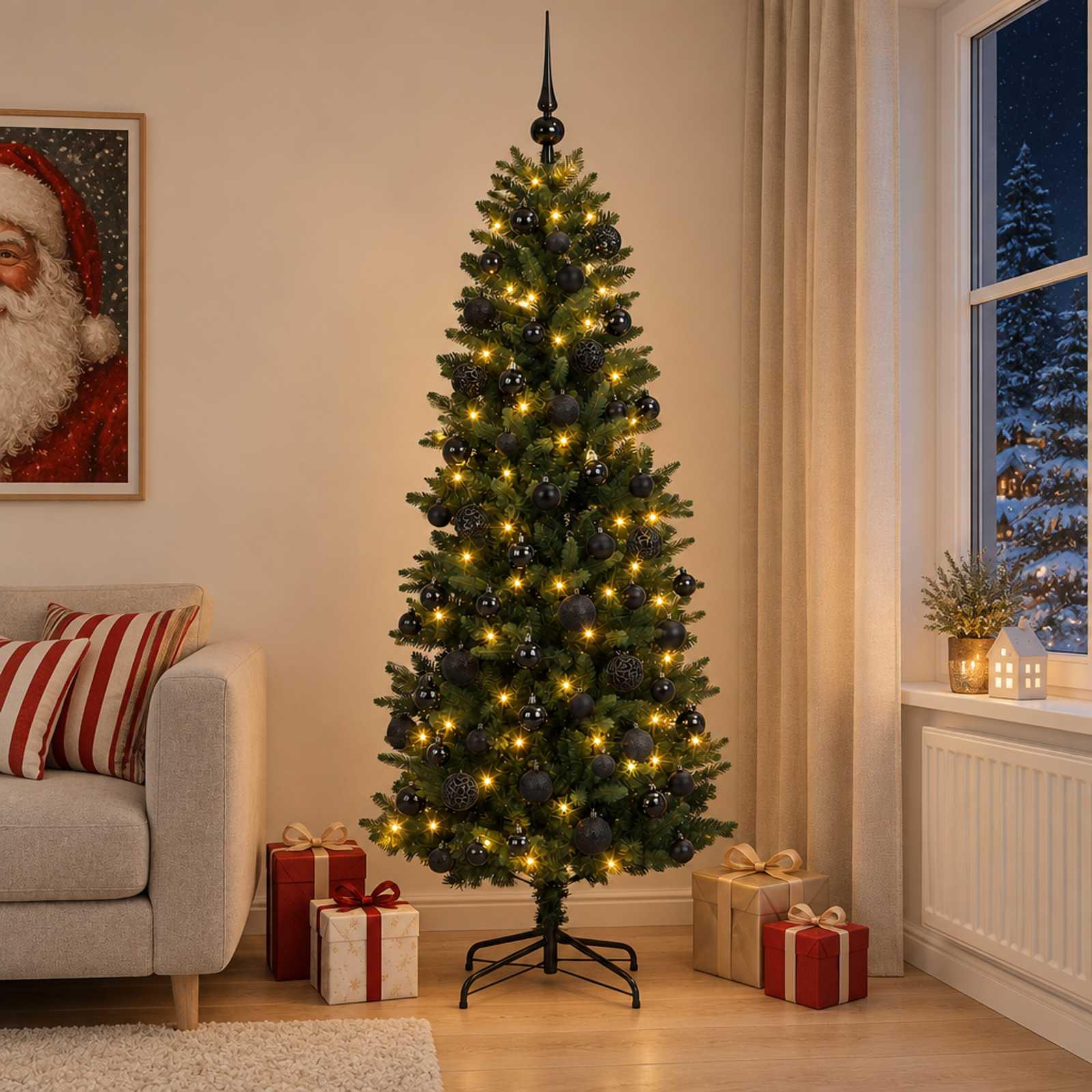 Kunstigt juletræ med julekugler og 300 LED - 210 cm, varm hvid