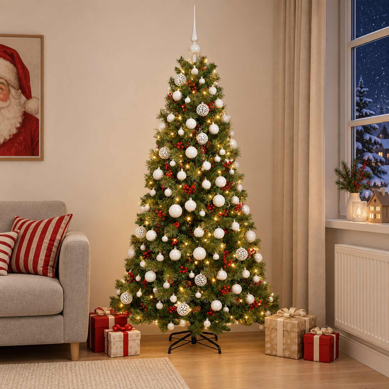 Kunstigt juletræ med julekugler og LED-lys 180 cm - varm hvid