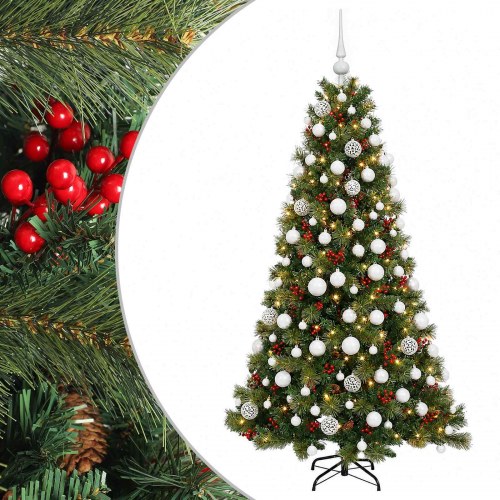 Kunstigt juletræ med julekugler og LED-lys 180 cm - varm hvid