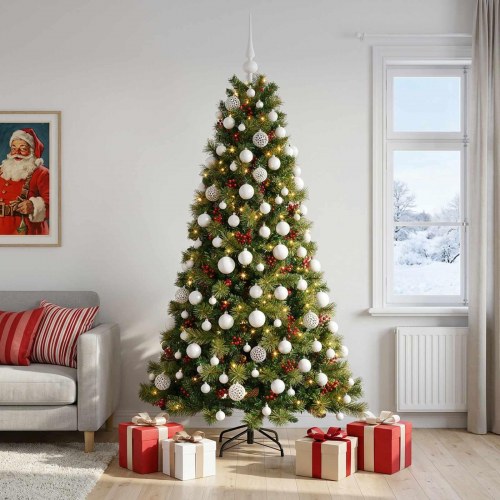 Kunstigt juletræ med julekugler og LED-lys 180 cm - varm hvid