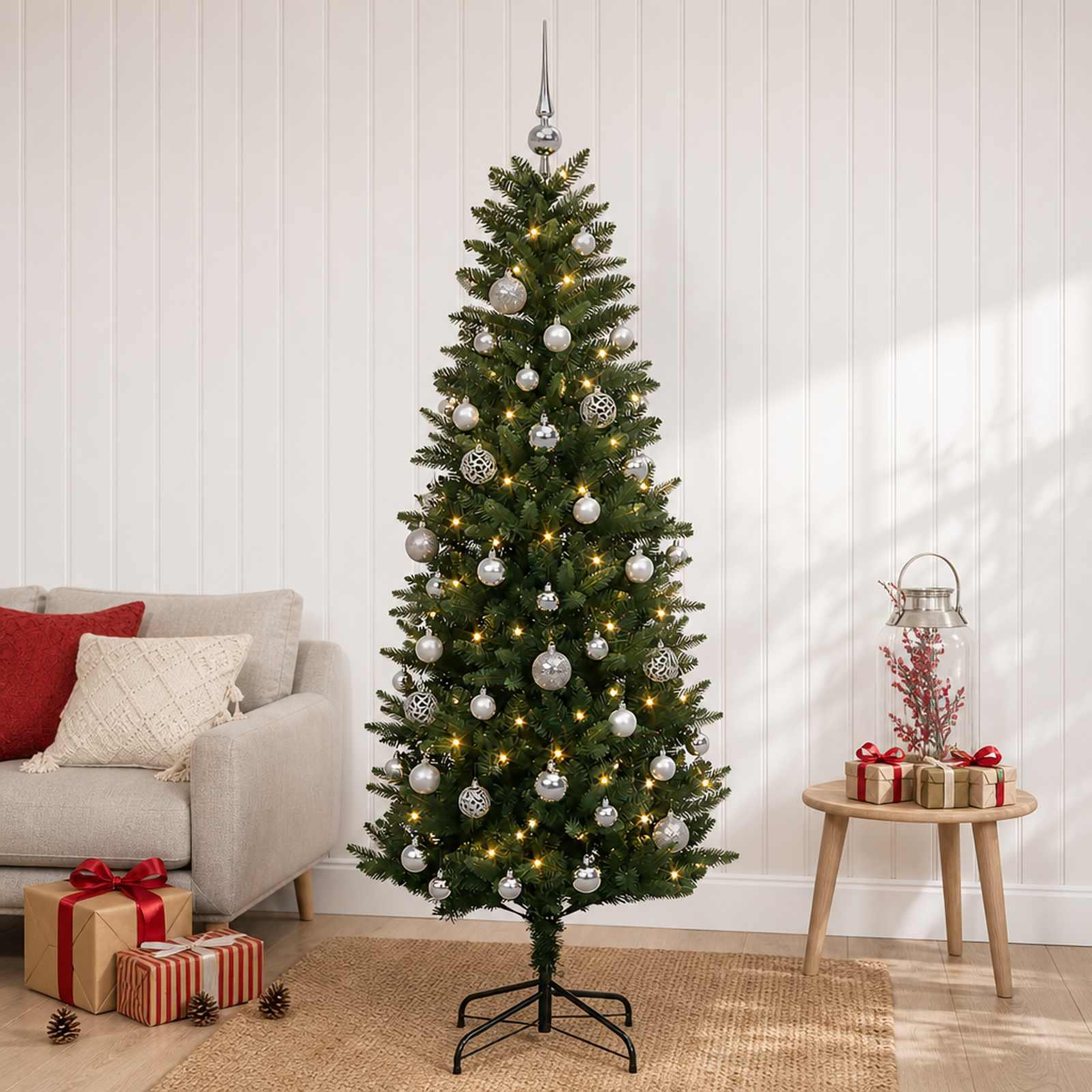 Kunstigt juletræ med kugler og LED-lys 120 cm - varm hvid