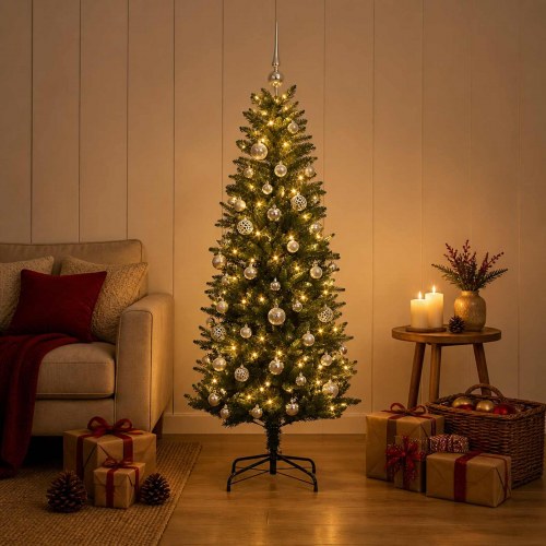Kunstigt juletræ med kugler og LED-lys 120 cm - varm hvid