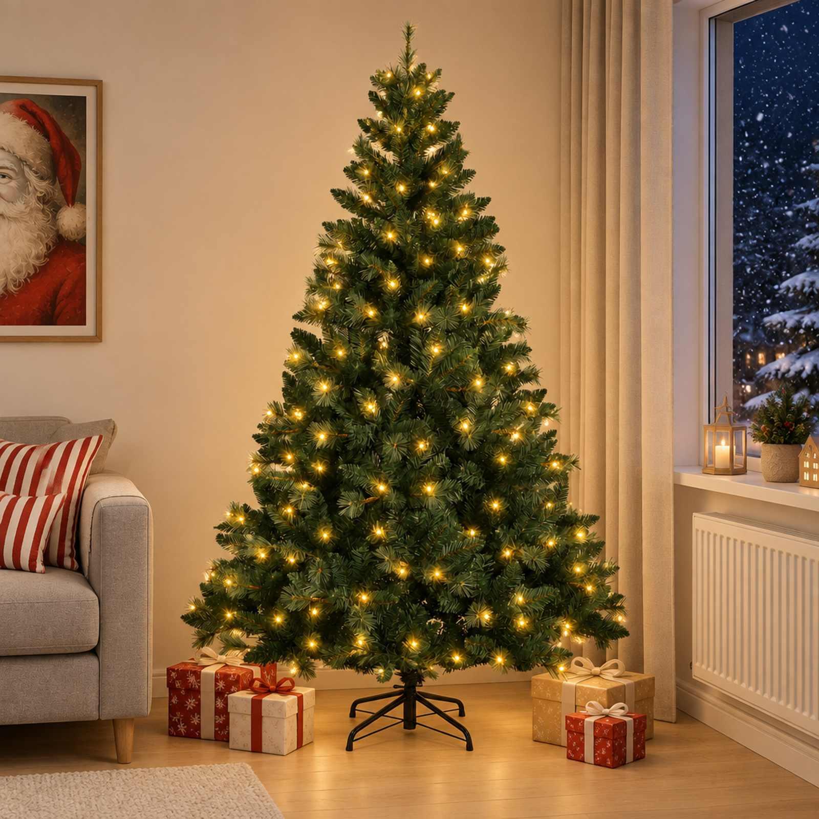 Kunstigt juletræ med hængslede grene og LED-lyskæde - 150 cm