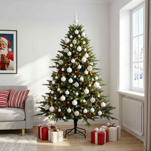 Kunstigt juletræ med julekugler og LED - 240 cm, varm hvid
