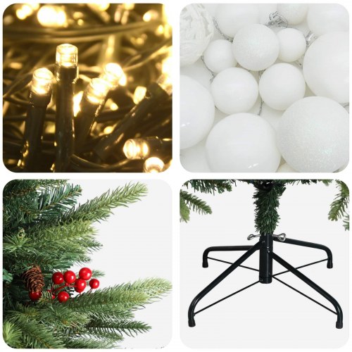 Kunstigt juletræ med julekugler og LED - 240 cm, varm hvid