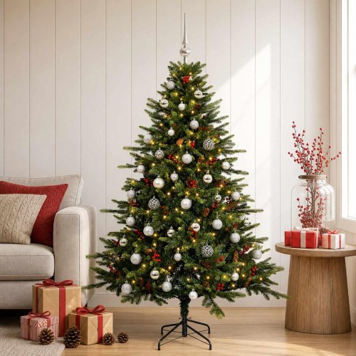 Kunstigt juletræ med julekugler og LED-lys 120 cm - grøn