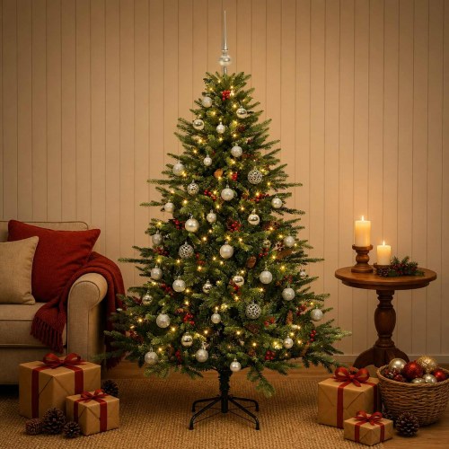 Kunstigt juletræ med julekugler og LED-lys 120 cm - grøn