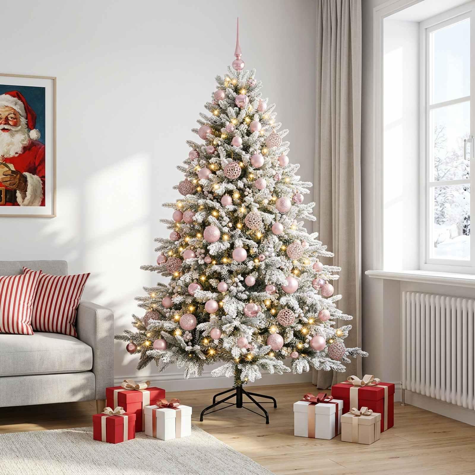 Kunstigt juletræ med julekugler 180 cm - 300 LED, varm hvid