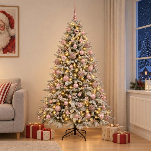 Kunstigt juletræ med julekugler 180 cm - 300 LED, varm hvid