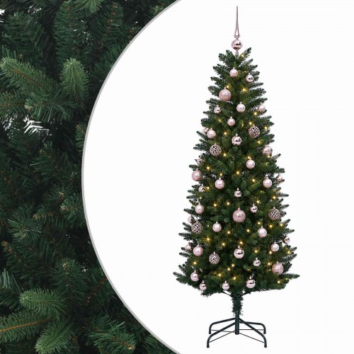 Kunstigt juletræ med julekugler og LED-lys 150 cm - varm hvid