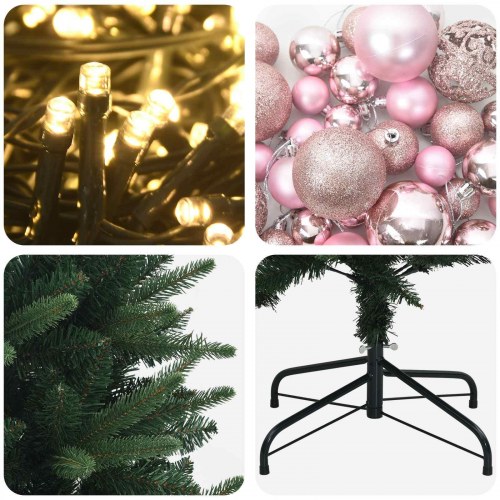 Kunstigt juletræ med julekugler og LED-lys 150 cm - varm hvid