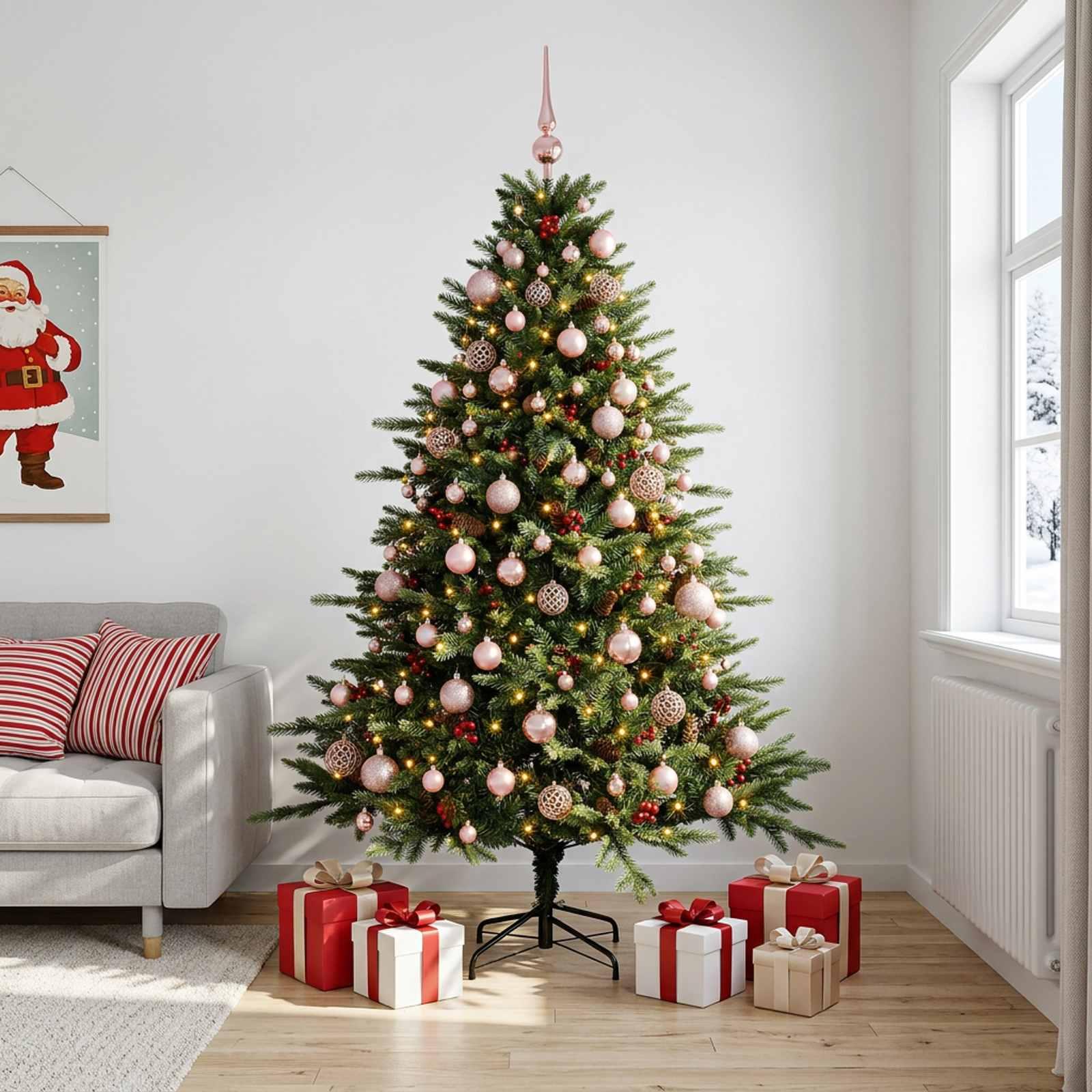 Kunstigt juletræ med julekugler og LED-lys 240 cm - varm hvid