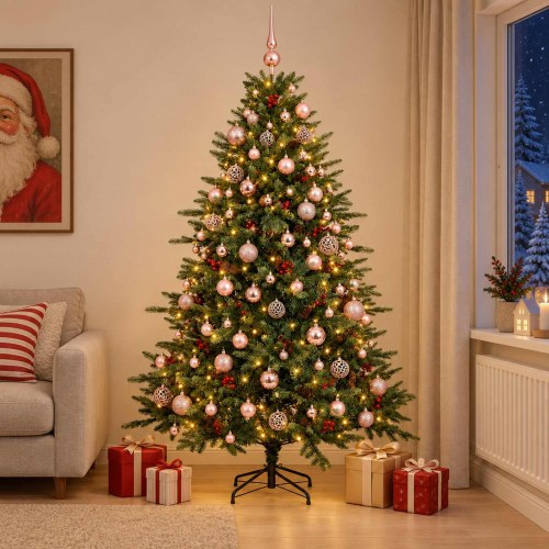 Kunstigt juletræ med julekugler og LED-lys 240 cm - varm hvid