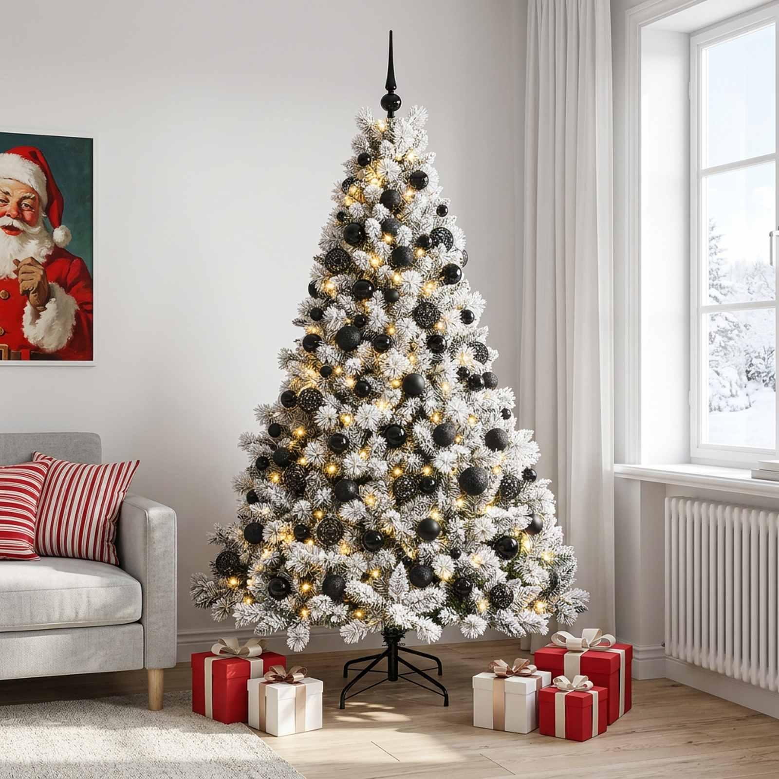 Kunstigt juletræ med kugler og LED-lys 180 cm - grøn/hvid