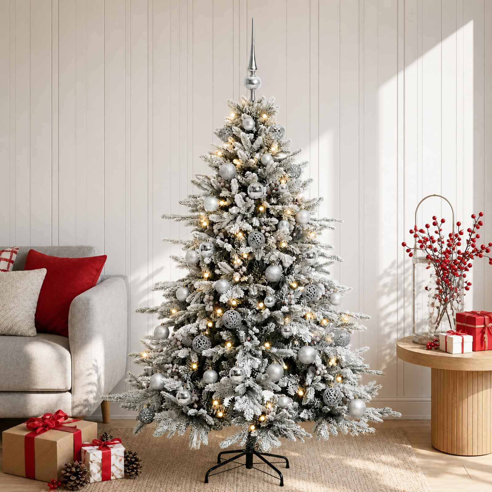 Kunstigt juletræ med kugler og 150 LED-lys 120 cm - varm hvid