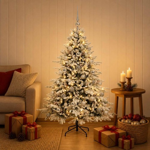 Kunstigt juletræ med kugler og 150 LED-lys 120 cm - varm hvid