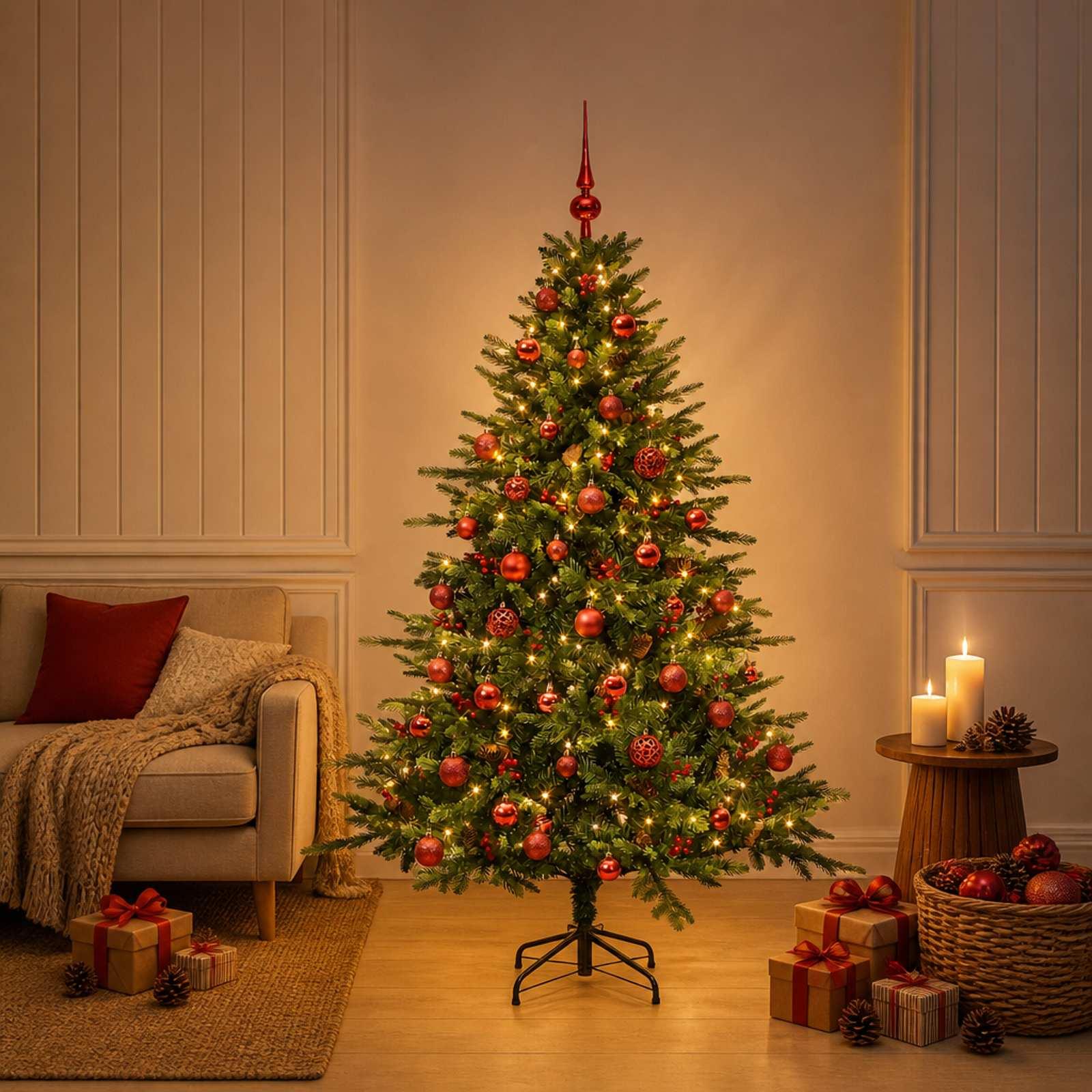 Kunstigt juletræ med julekugler og LED-lys 150 cm - varm hvid