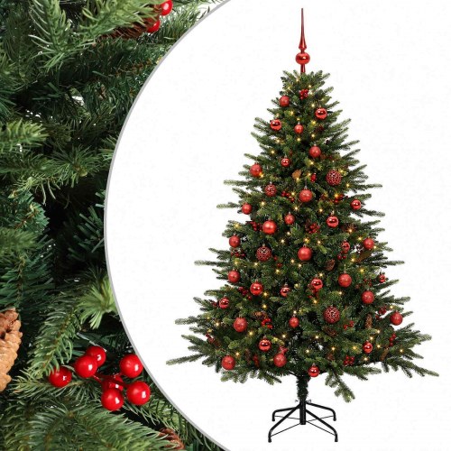 Kunstigt juletræ med julekugler og LED-lys 150 cm - varm hvid