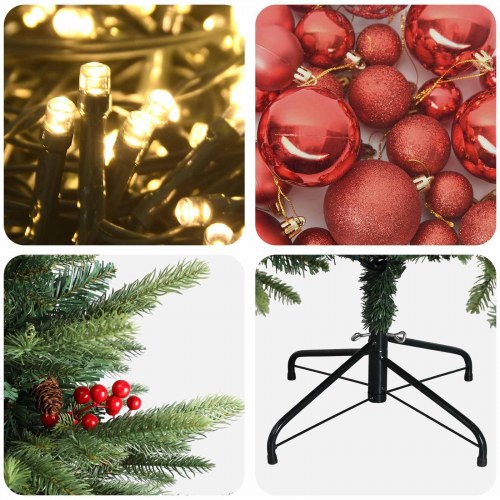 Kunstigt juletræ med julekugler og LED-lys 150 cm - varm hvid