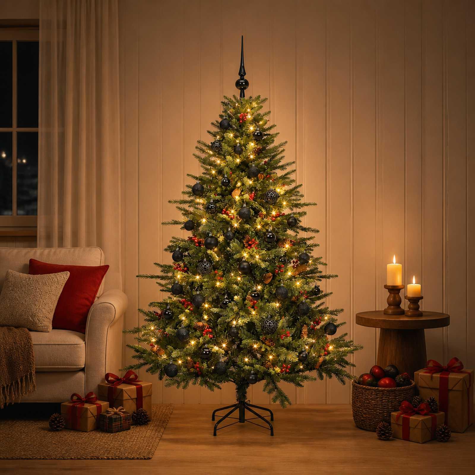 Kunstigt juletræ med LED-lys og julekugler 150 cm - grøn