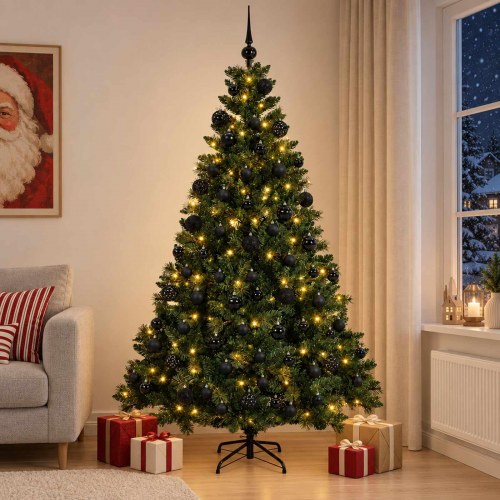 Kunstigt juletræ med kugler og 300 LED-lys - 180 cm, varm hvid