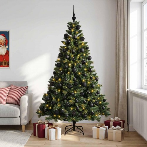 Kunstigt juletræ med kugler og 300 LED-lys - 180 cm, varm hvid