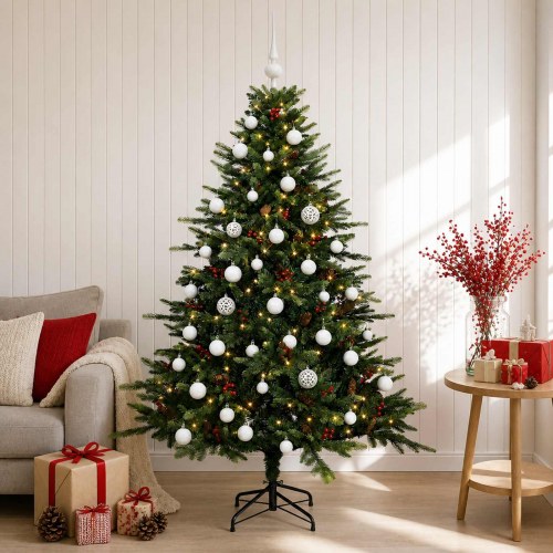 Kunstigt juletræ med julekugler og 150 LED - 120 cm, varm hvid