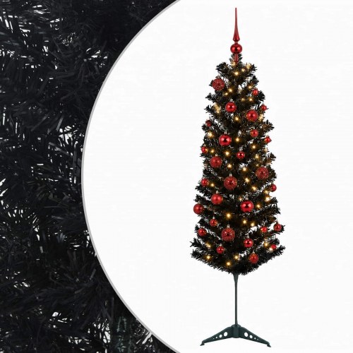 Slankt kunstigt juletræ med LED og julekugler - sort, 150 cm