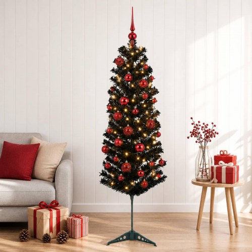 Slankt kunstigt juletræ med LED og julekugler - sort, 150 cm