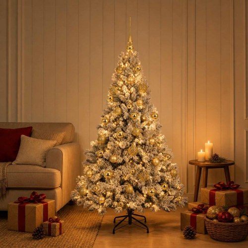 Kunstigt juletræ med julekugler og 150 LED - 150 cm